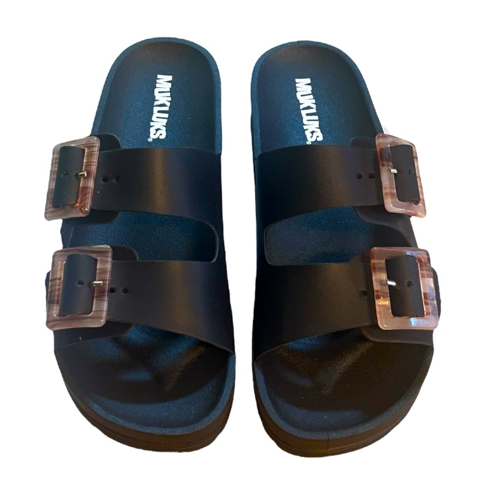 Black Slide Sandals with Rose Gold Buckles - Picture 8 of 16